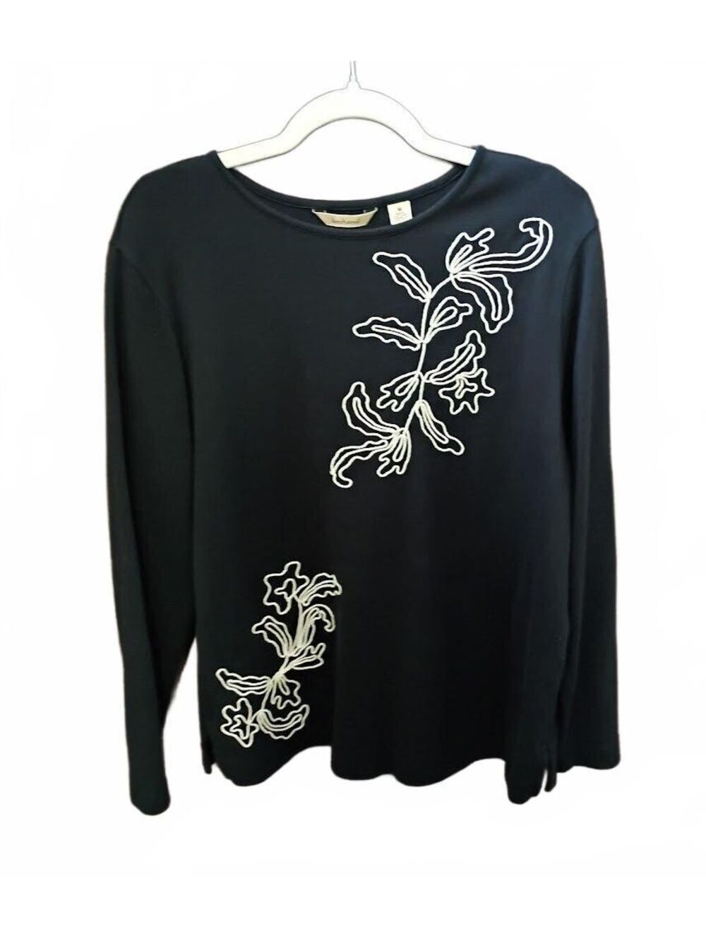Bechamel Black Cotton Long Sleeve Top with Embroidered Floral Design Size M